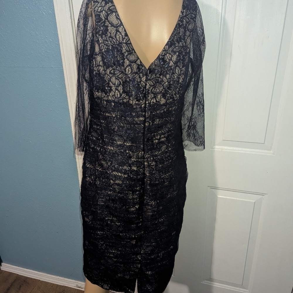 Teri Jon Blue Ruched Sheath Dress V-Neck 3/4 Sleeve - Picture 3 of 7